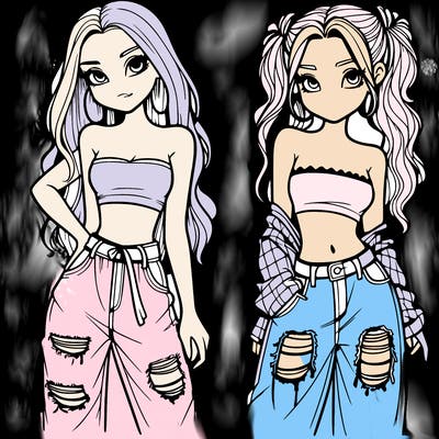 2 girls in crop tops and baggy jeans ripped