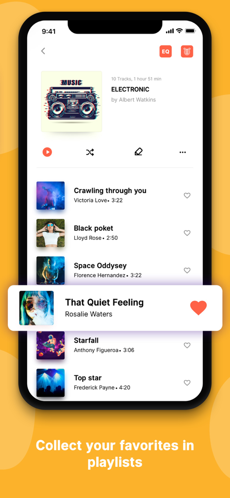 Interface of Equalizer Plus music app showing an electronic music playlist and favorites collection.
