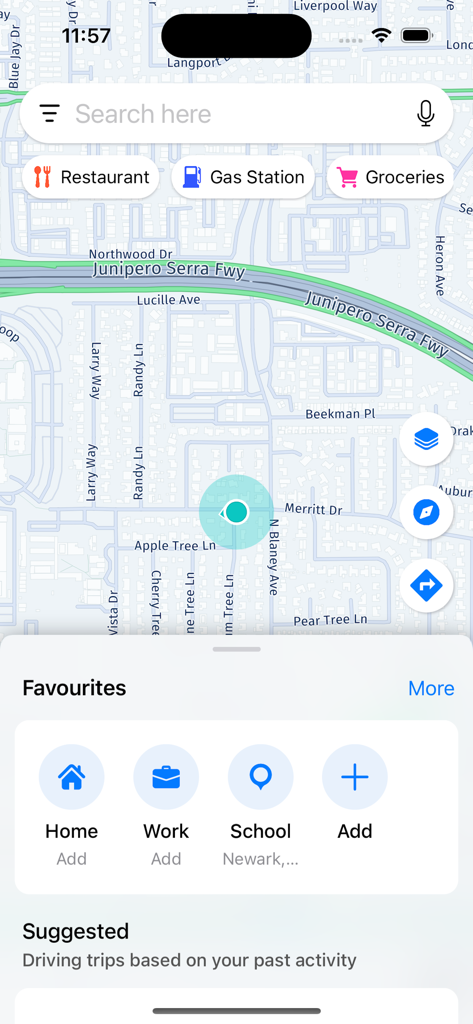 GPS Navigation, Map Direction - Interface de l'application de navigation GPS avec recherche de carte et lieux favoris