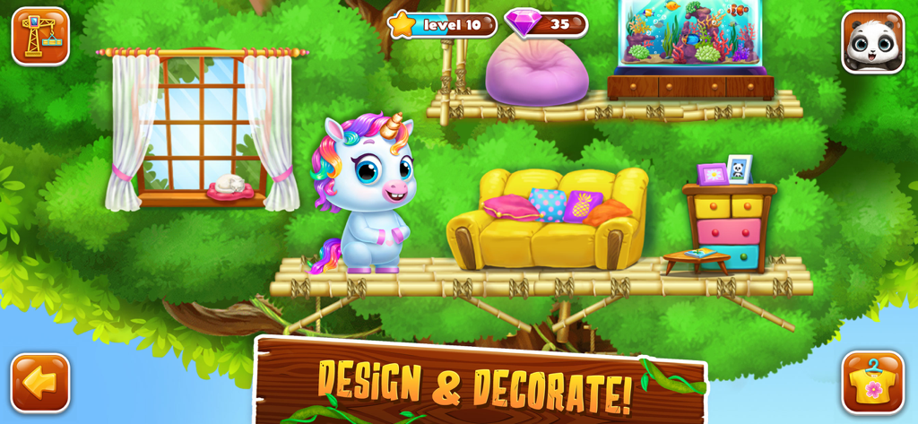 Panda Lu Treehouse - A cute unicorn in a treehouse room with a yellow sofa and an aquarium.