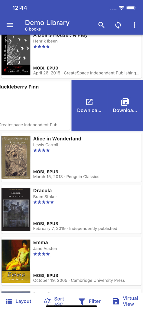Calibre Sync - Mobile interface of Calibre Sync showing a demo library with a list of ebooks including Dracula and Alice in Wonderland.