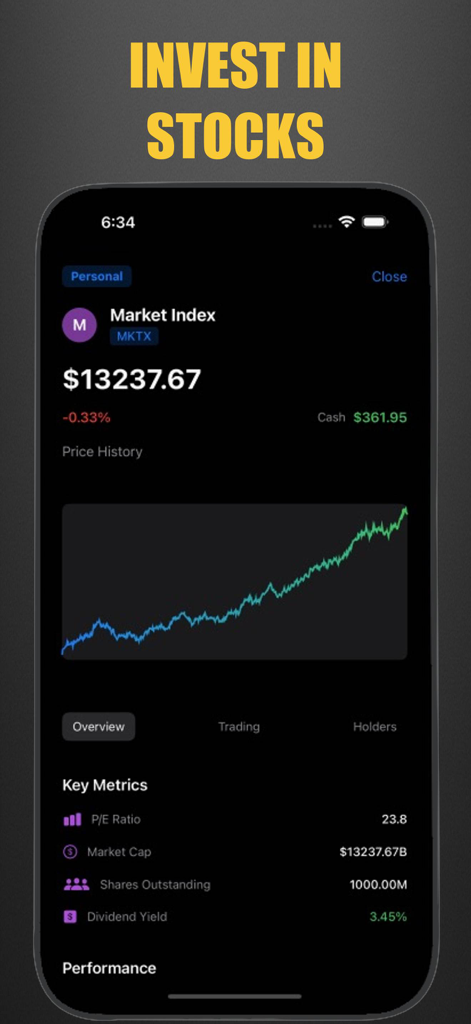 Invest Sim: Stock & Biz Tycoon - Invest Sim game screen showing a stock market index with price history graph and financial metrics like PE ratio and dividend yield
