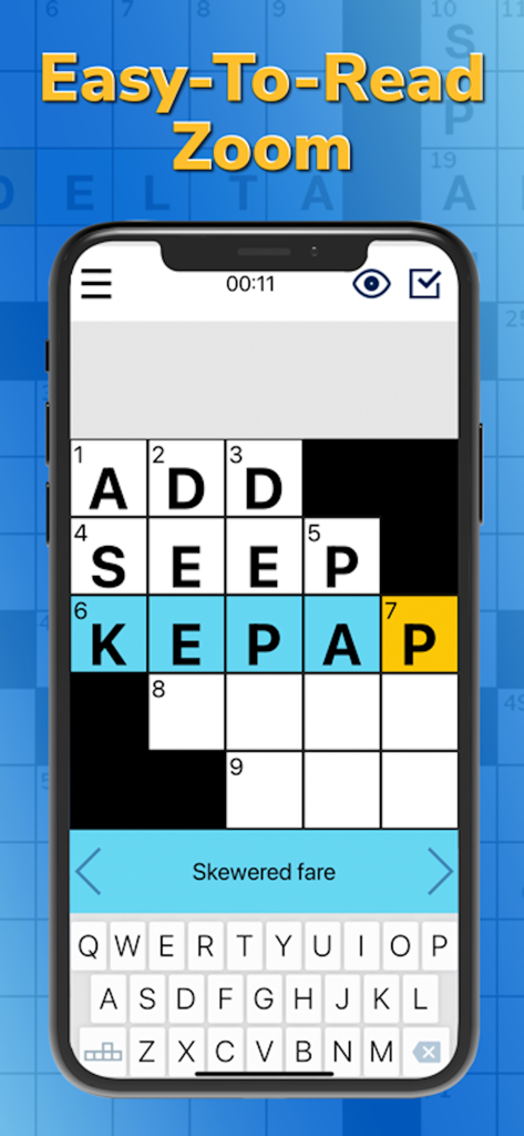 Smartphone screen showing Arkadium Daily Crossword with a zoomed in easy to read grid and a clue for skewered fare.