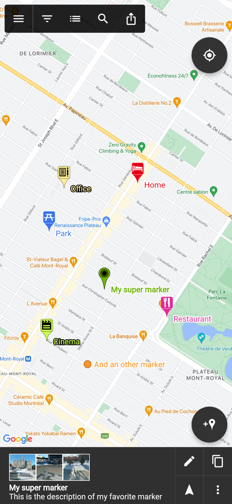 Una pantalla de mapa de la aplicación Map Marker que muestra marcadores de ubicación personalizados con etiquetas como Hogar, Oficina y Restaurante