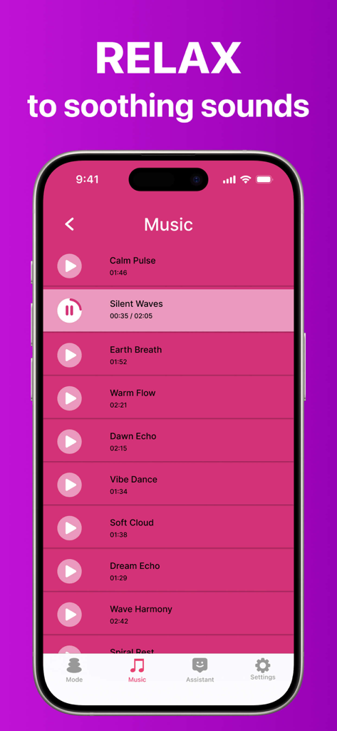 Vibration Massagerㅤ - A smartphone display showing a music library with soothing ambient tracks like Silent Waves and Earth Breath for the Vibration Massager app.
