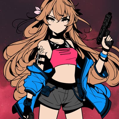 bad girl wearing crop top holding a gun long hair anime