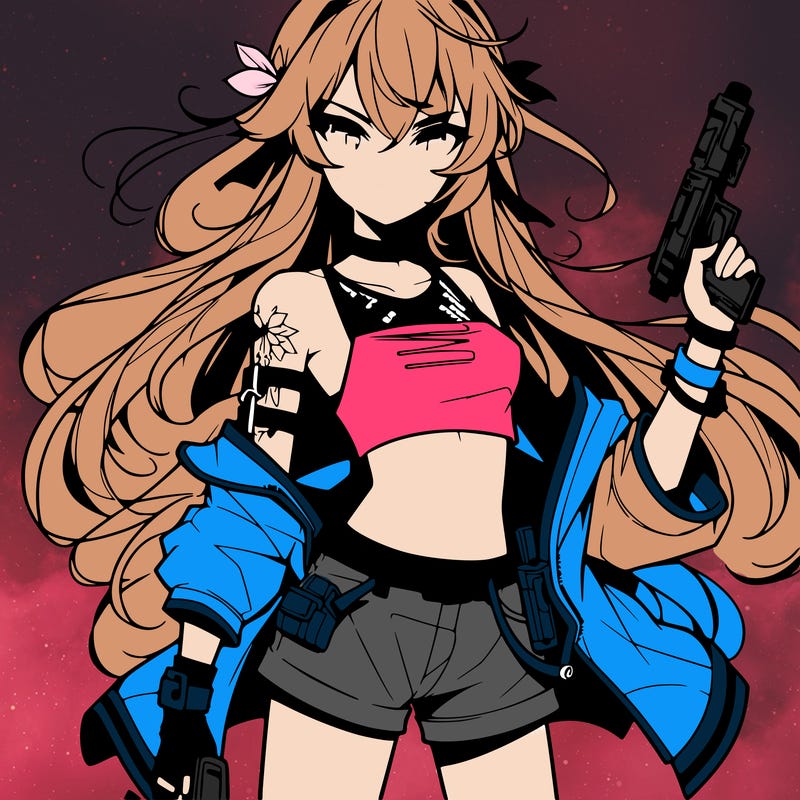 bad girl wearing crop top holding a gun long hair anime