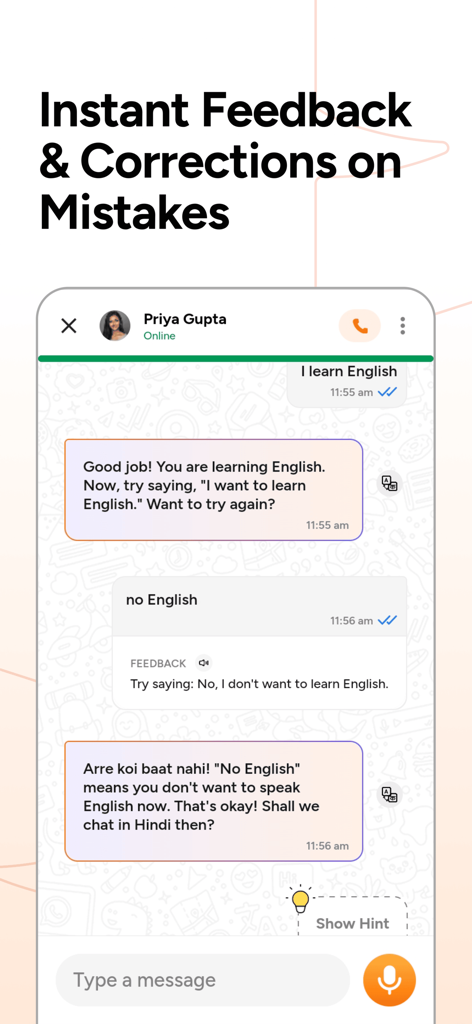 SpeakX mobile app interface showing an AI tutor providing instant feedback and grammar corrections in a chat conversation