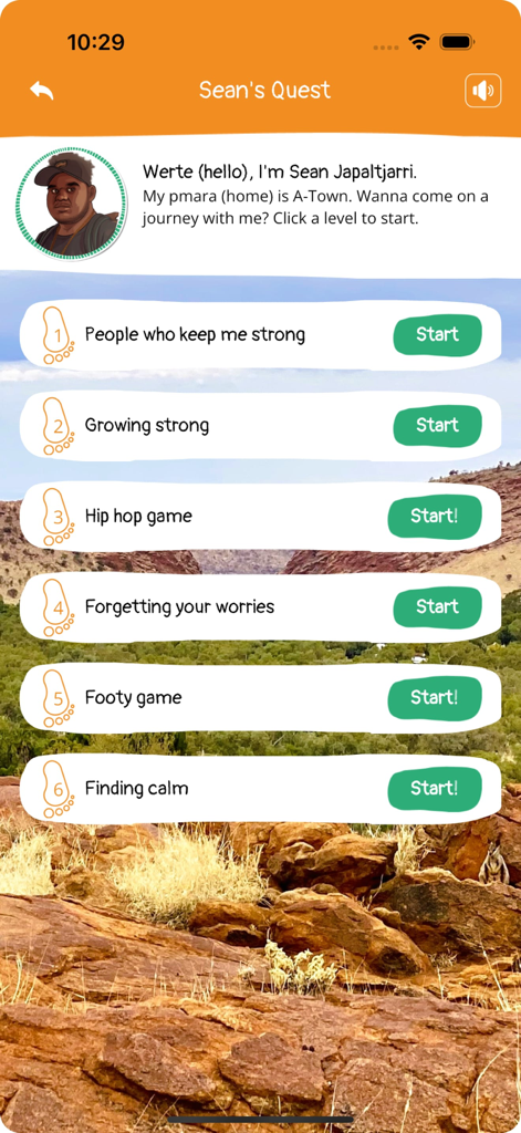 Der Bildschirm mit dem Menü von Seans Quest in der AIMhi-Y-App, der eine Liste gamifizierter Wohlbefinden-Aktivitäten und einen indigenen Charakter-Avatar zeigt