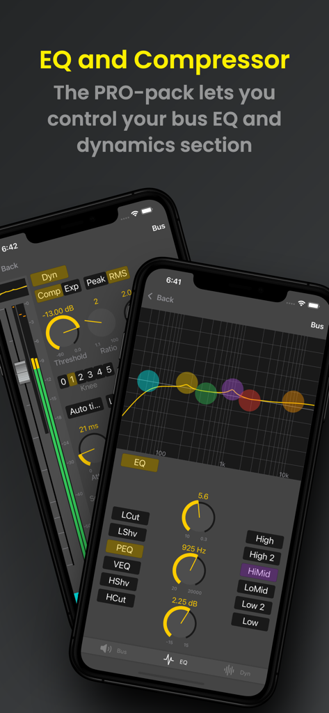 MXBus app screen showing EQ and compressor controls for audio monitor mixing