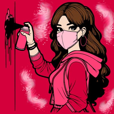 realistic girl with mask spray painting a wall