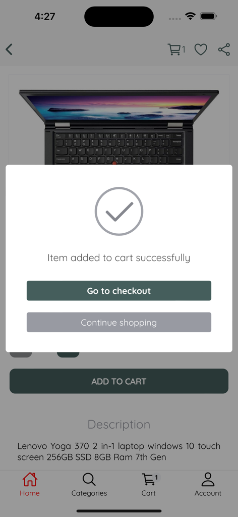 BiiT - Interface de l'application mobile montrant un message de succès après l'ajout d'un ordinateur portable au panier sur BiiT.