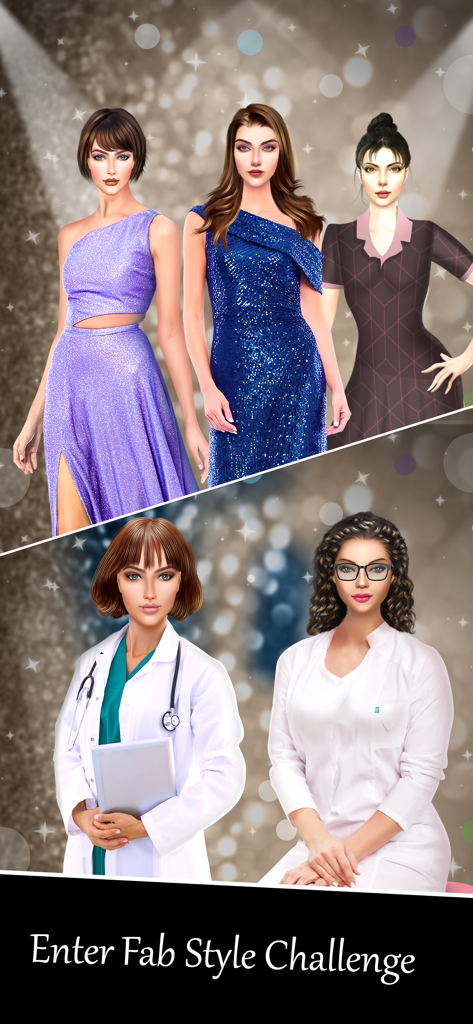 Fashion Show GlamUp Games One - Female models in glamorous evening gowns and professional medical outfits for a fashion styling challenge