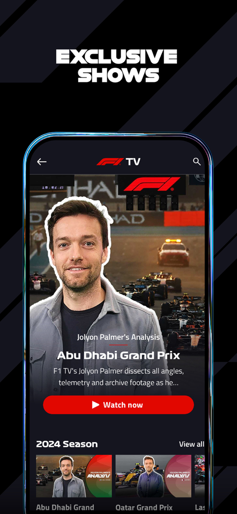F1 TV app interface displaying exclusive race analysis shows like Jolyon Palmer's Analysis