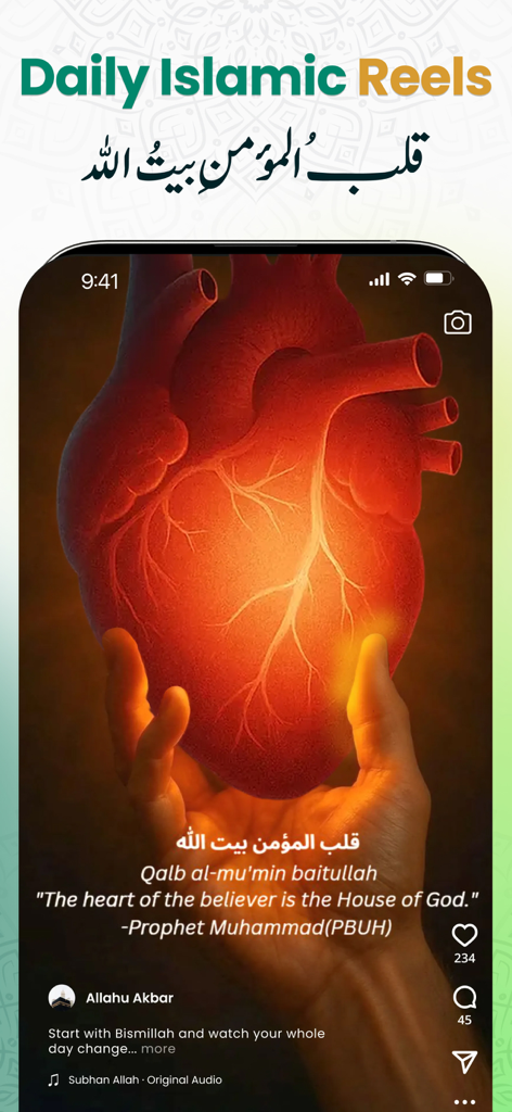 Quran Majeed - Tazkiah - A mobile app screen showing the Daily Islamic Reels feature with a spiritual quote about the heart of a believer