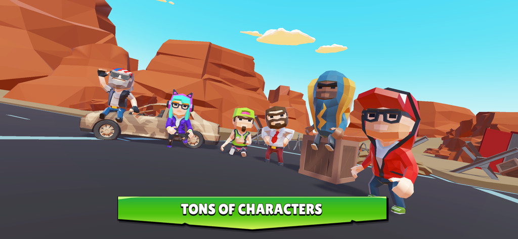 A group of diverse blocky characters standing on a desert road in Hunters vs Props Online