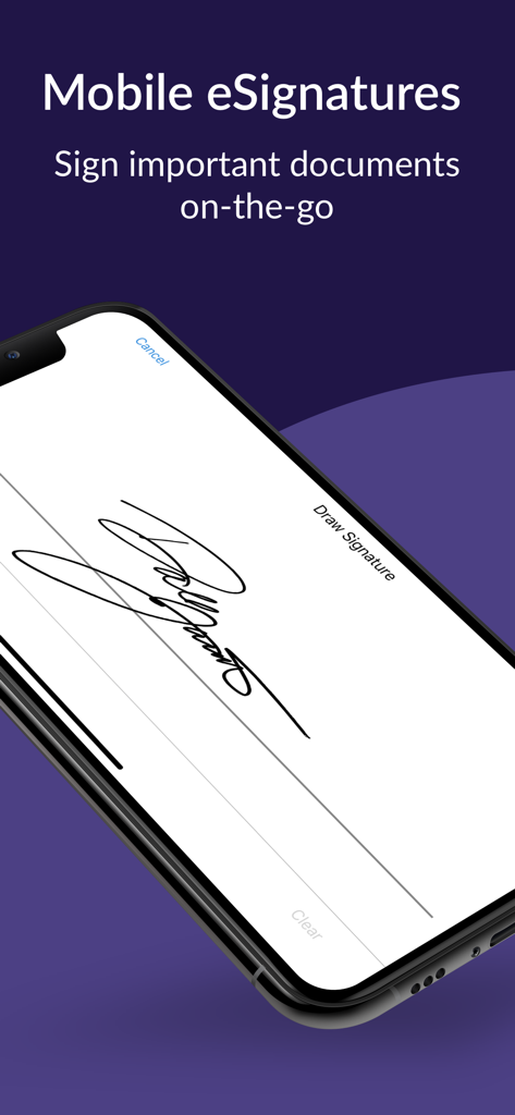 Smartphone screen showing the mobile e-signature feature for signing corporate documents.