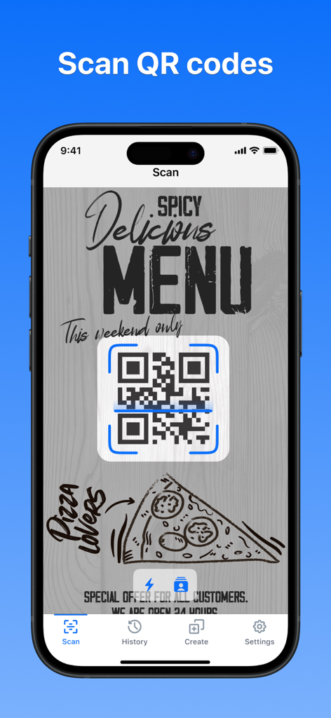 Un smartphone escaneando un código QR en un menú de pizza picante y deliciosa usando la aplicación de escáner QR.