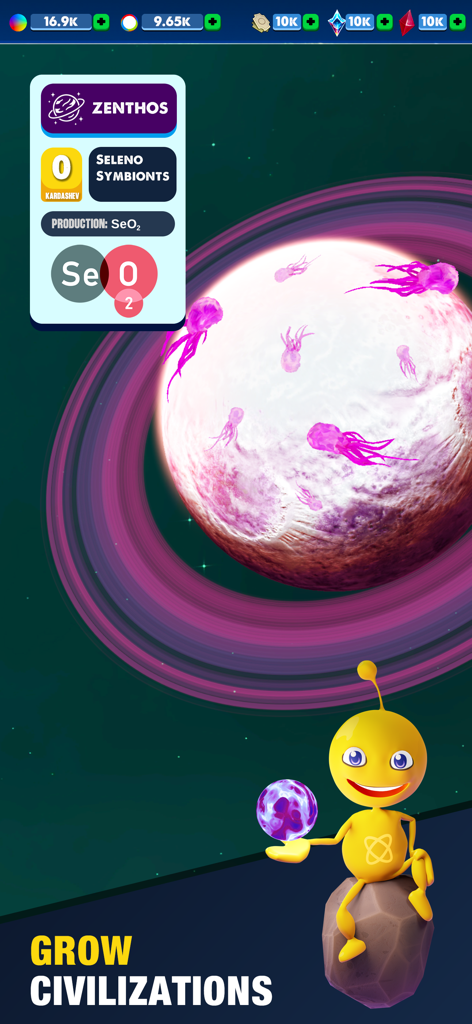 A yellow alien character sits next to a ringed planet with pink organisms and text saying Grow Civilizations.