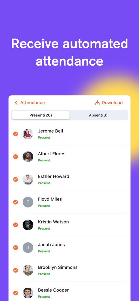 Automated attendance report screen in the Wise app showing a list of present students
