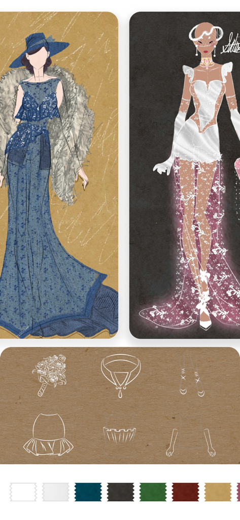 Fashion Design Sketches: Style - Due dettagliati schizzi di moda di eleganti abiti da sera accanto a modelli di abiti modulari e campioni di colore.
