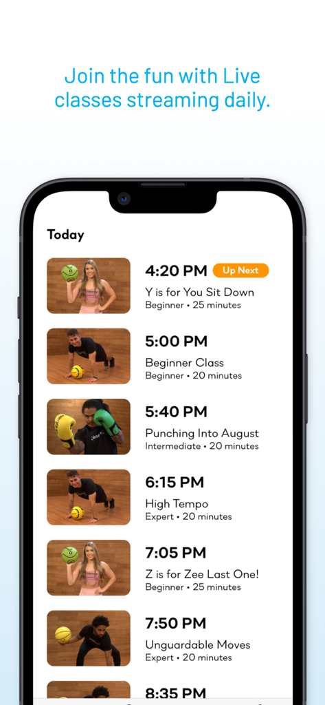 A smartphone screen displaying a daily schedule of live sports and fitness classes for basketball boxing and strength training