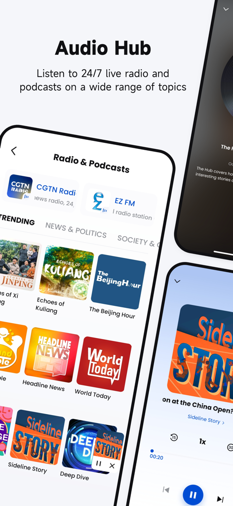 CGTN - CGTNアプリのインターフェースで、The Beijing HourやWorld Todayなどのポッドキャストとラジオ局を備えたオーディオハブが表示されています