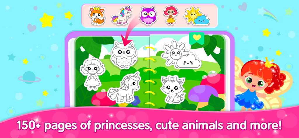 Kids Drawing Games for Girls - Interface of the Kids Drawing Games for Girls app showing a virtual sketchbook with uncolored animal and princess characters.