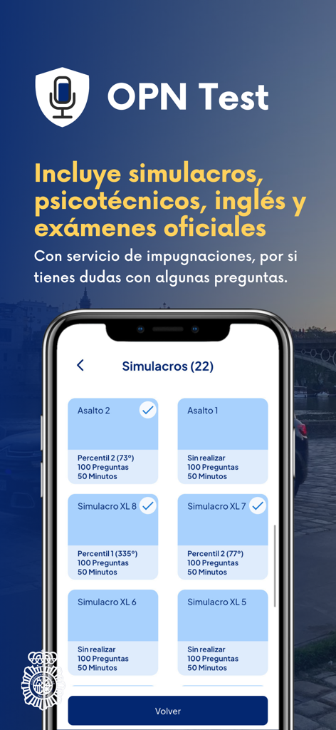 OPN Test Policía Nacional - Interfaz de la aplicación móvil OPN Test que muestra una lista de simulacros de examen oficiales para la Policía Nacional española