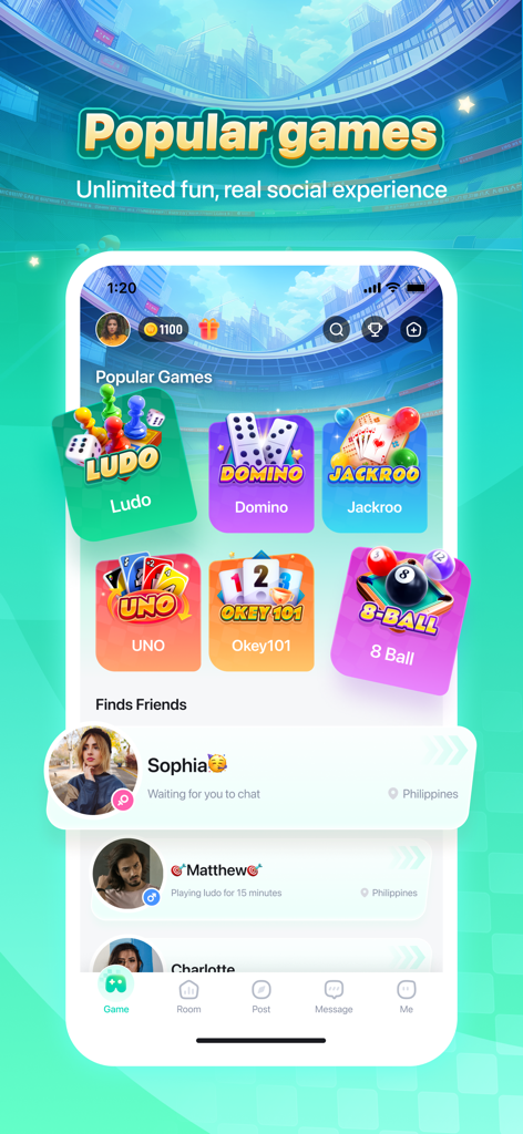 FunUp app screen displaying popular classic games like Ludo and Uno with a find friends social list