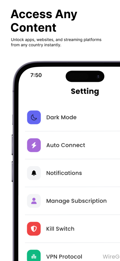 Captura de tela da página de configurações do Qero VPN mostrando recursos de conexão automática e kill switch.