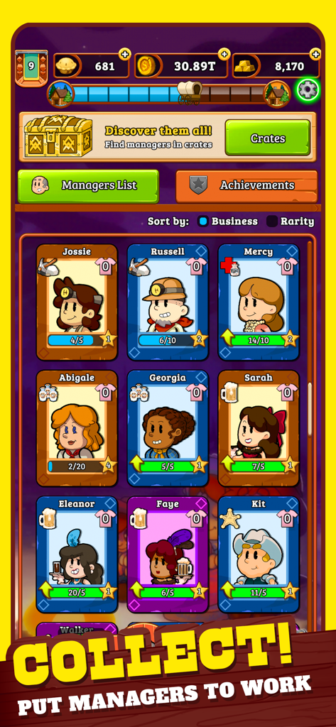 Interface showing the managers list in Idle Frontier with character cards to collect and upgrade