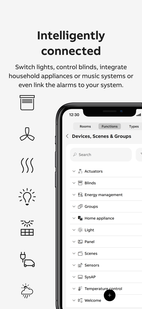 ABB-free@home® Next - Interfaz de la aplicación ABB free home Next mostrando una lista de dispositivos y categorías de hogar inteligente conectados