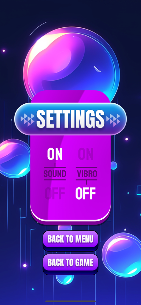 The settings screen of Ball Unifying Dodger showing sound and vibration controls on a vibrant purple background