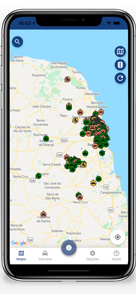 Local Tracker - Interface of Local Tracker app showing multiple vehicles on a real time map