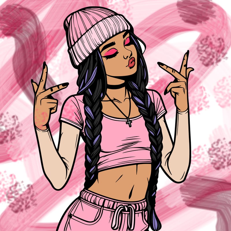 realistic teenage girl with braids and a beanie and crop top doing 🫶🏼