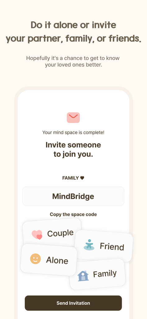 MindBridge App-Oberfläche zur Auswahl zwischen den Modi Paar, Freund, Allein und Familie