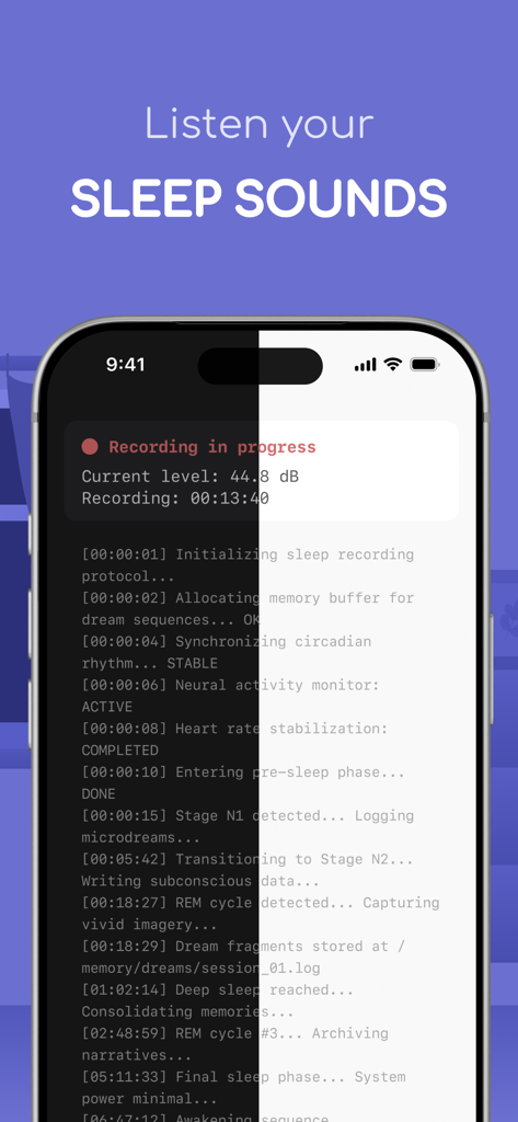 Interface showing sleep sound recording and activity log with decibel levels and sleep stages