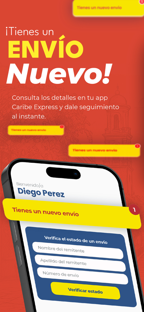 Caribe Express RD - Caribe Express RD mobile app screen showing a new transfer notification and tracking form