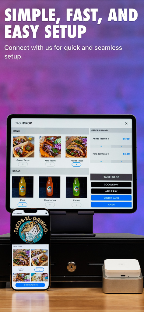 CASHDROP - Interfaz de la aplicación de punto de venta CASHDROP mostrada en un iPad y un iPhone para un negocio de alimentos