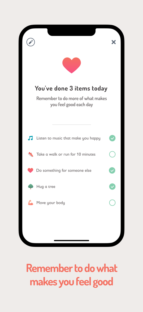 Safe Place - Safe Place app screen showing a daily checklist of self-care activities for mental health