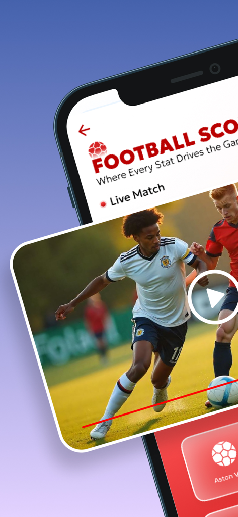 Drama Live: Sports App - Interfaz de la aplicación deportiva Drama Live en un smartphone mostrando marcadores de fútbol y una vista previa de video de un partido en vivo