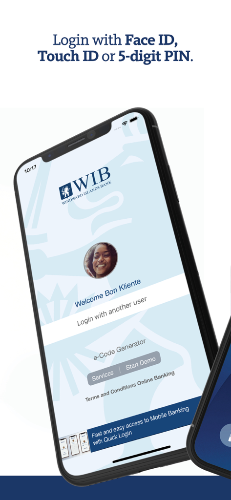 WIB Mobile Banking login screen displaying biometric options like Face ID and Touch ID for secure access.