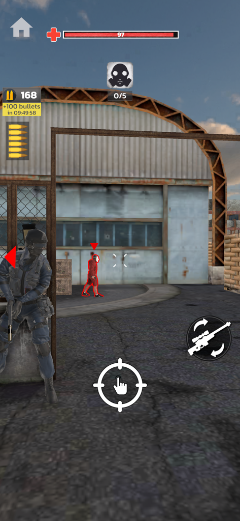 SWAT Tactical Shooter - In-game screenshot of SWAT Tactical Shooter showing a SWAT officer aiming at a criminal in front of a hangar.