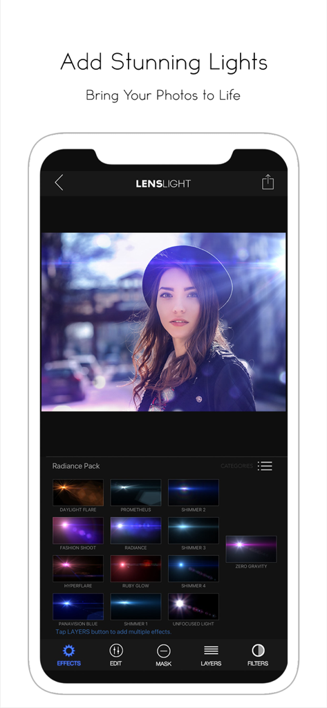 LensLight Visual Effects - Interface of LensLight app showing cinematic light flares being applied to a portrait