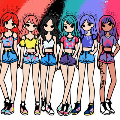 a group of girls wearing crop tops and shorts