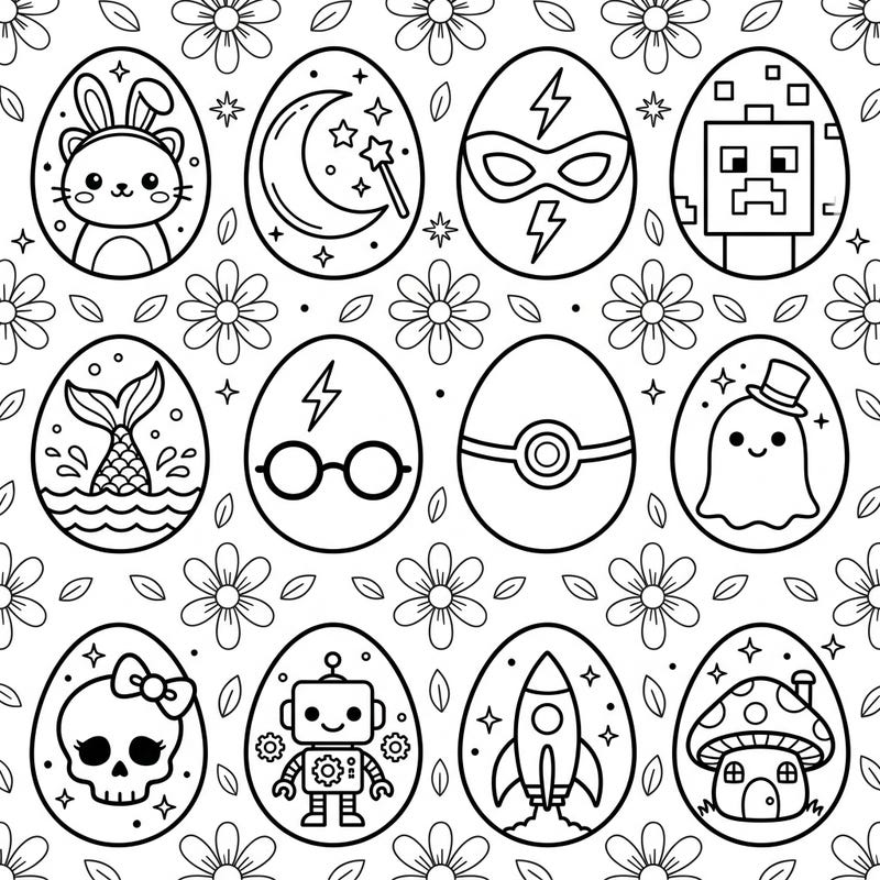 Discover a vibrant collection of Character Easter Eggs, featuring beloved figures and symbols ready for your artistic touch. This delightful coloring page combines festive fun with popular culture, perfect for fans of all ages.