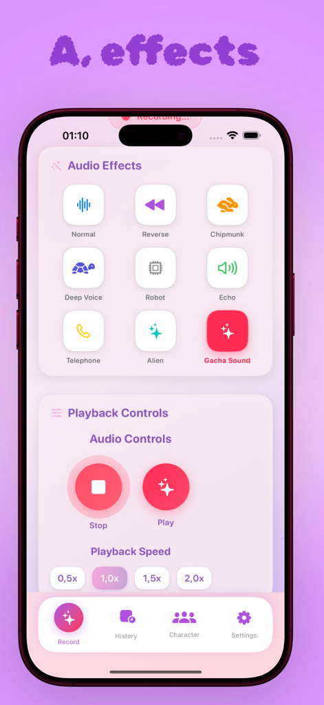 Gacha life Meme audio - Una pantalla de Audio de memes de Gacha Life mostrando varios efectos de voz y ajustes de reproducción.