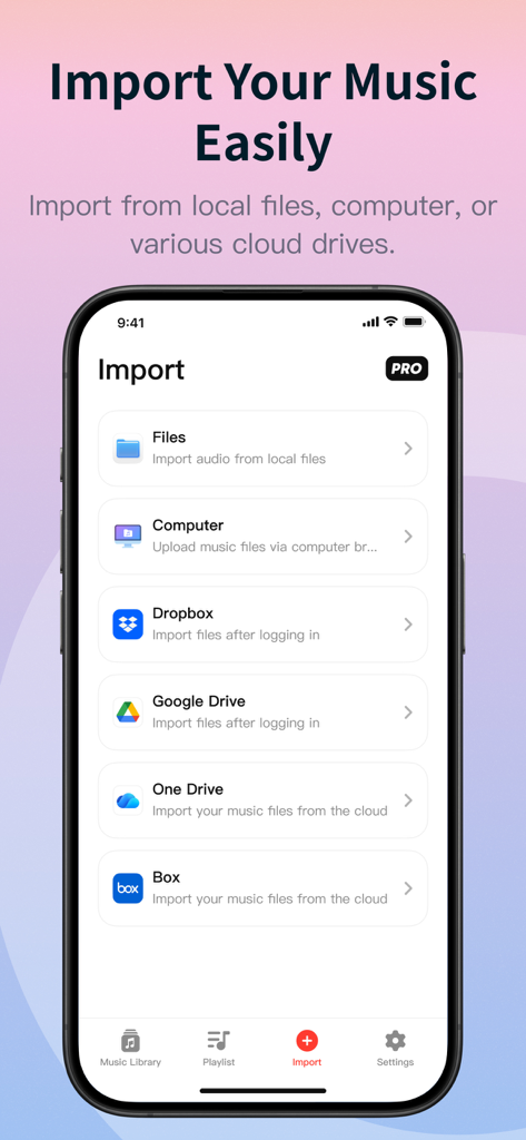Offline Music-Player & Library - Music import interface showing various source options including local files, computer browser, Dropbox, Google Drive, OneDrive, and Box