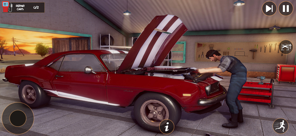 A mechanic character repairing a red vintage muscle car in a garage